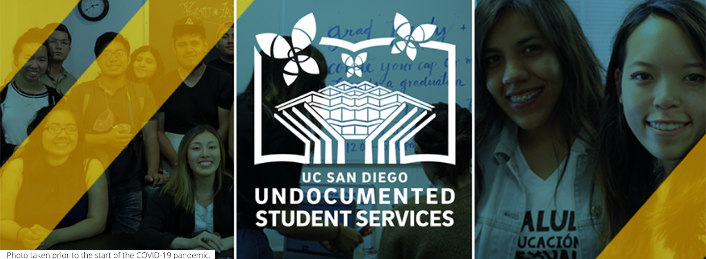 UC San Diego Undocumented Student Services logo on blue and gold background